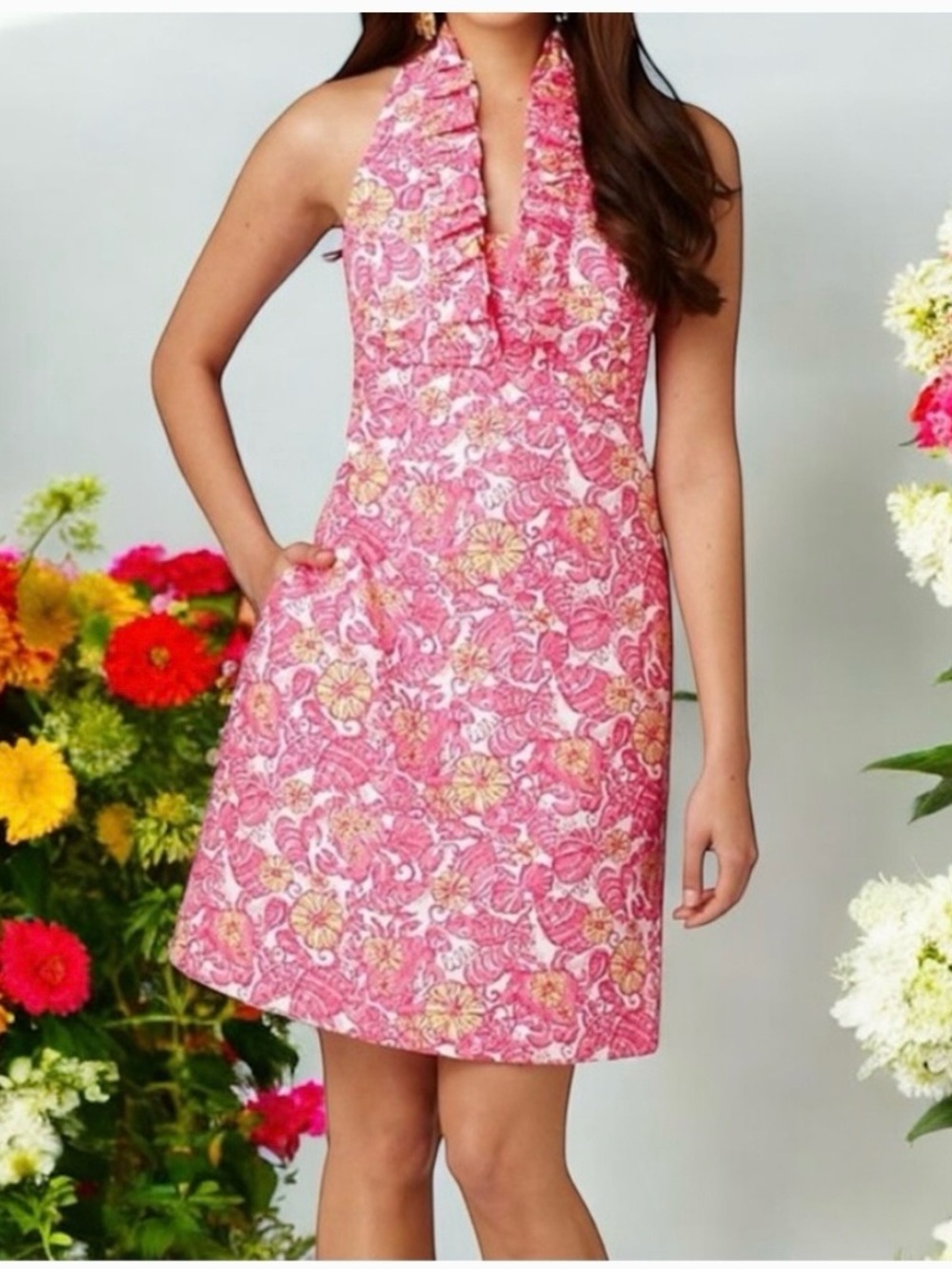 Lilly Pulitzer resort Pink and Yellow Halter chum bucket raffle Dress Sz 10 - Picture 2 of 9